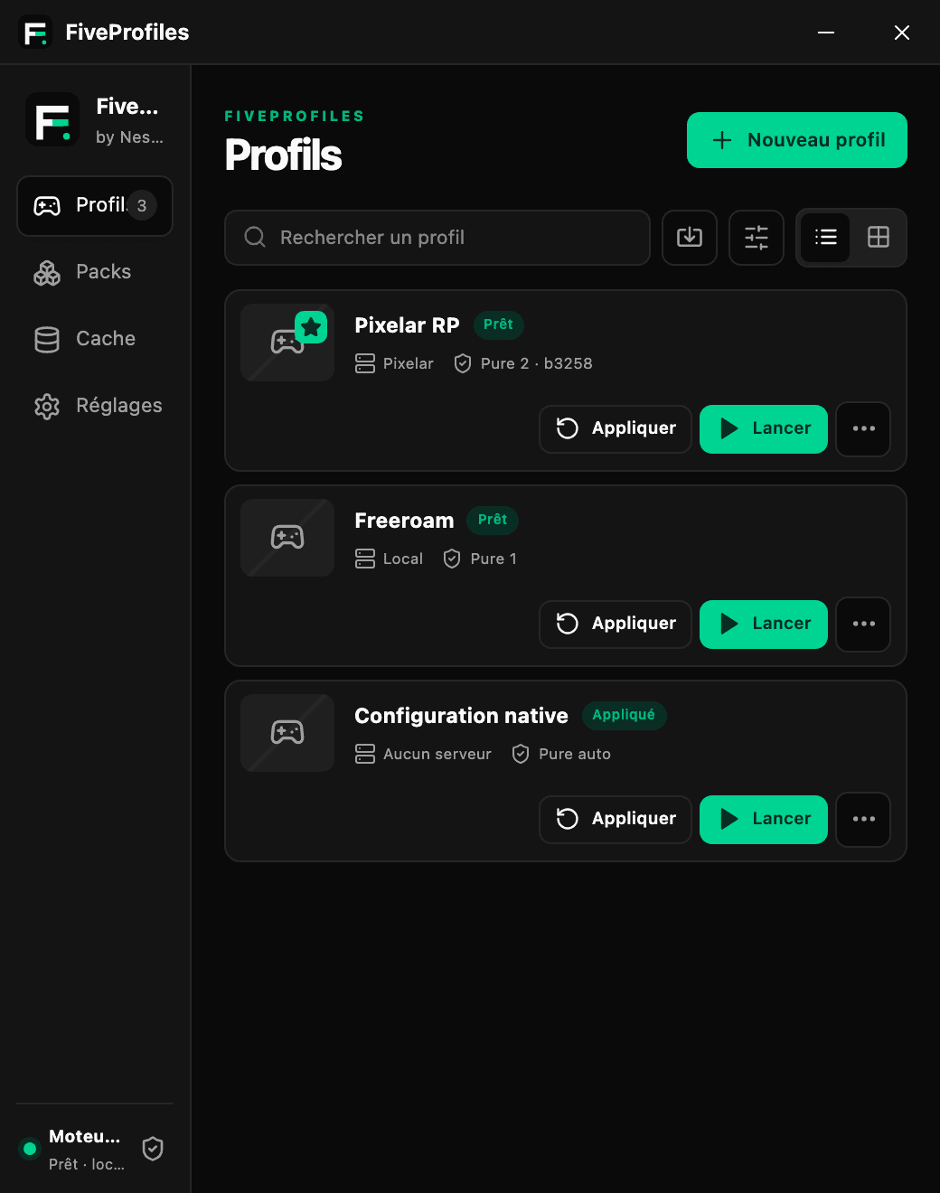 Liste des profils dans l’interface FiveProfiles