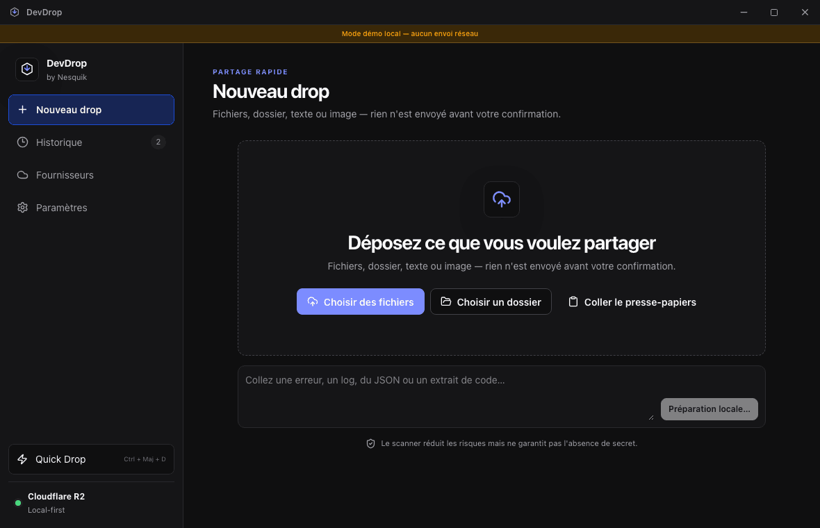 DevDrop home with drop zone, file, folder and clipboard actions