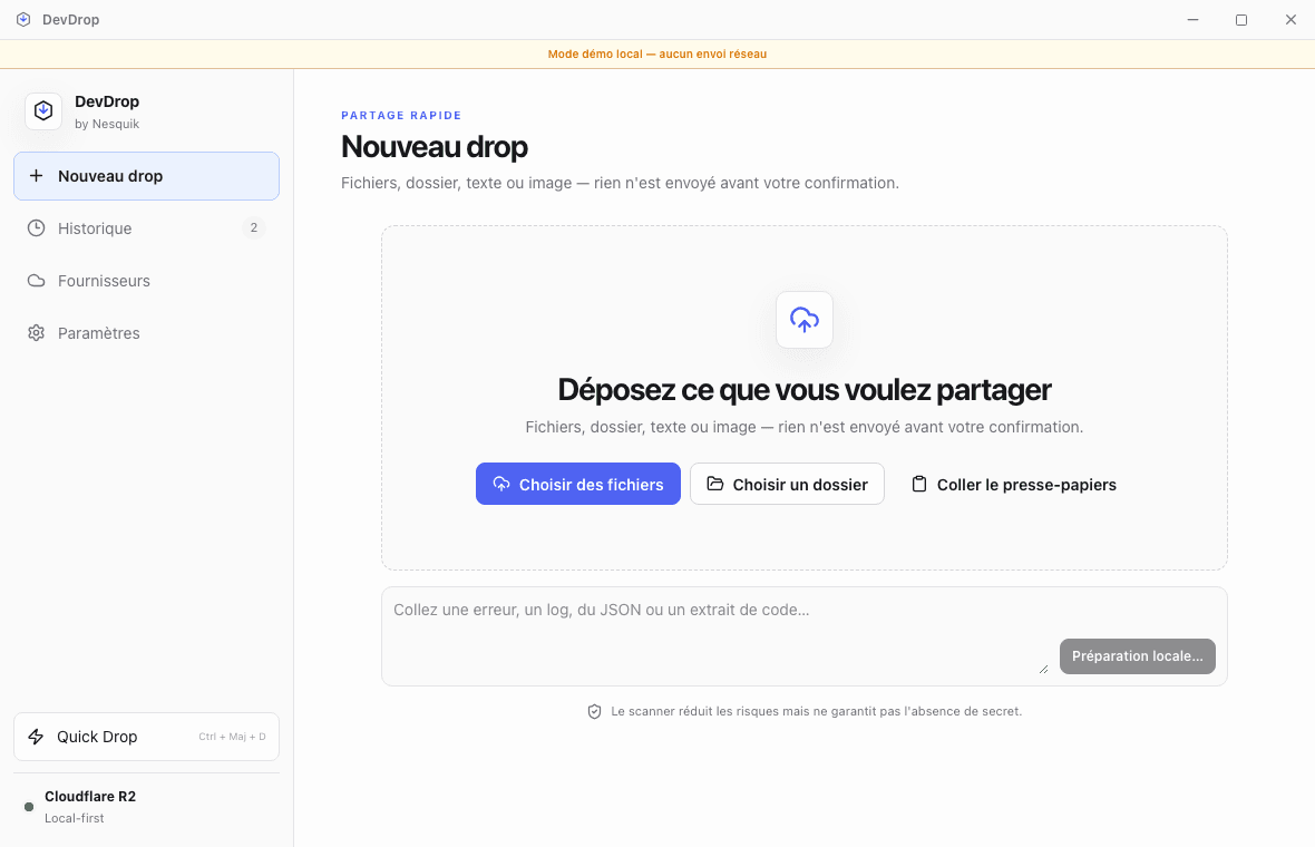 DevDrop home with drop zone, file, folder and clipboard actions