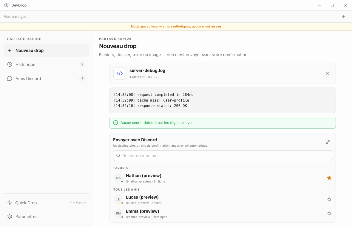 Prévisualisation DevDrop après analyse locale d'un fichier journal